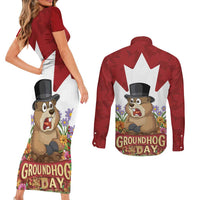 Funny Groundhog Day Couples Matching Short Sleeve Bodycon Dress and Long Sleeve Button Shirt Canadian Maple Leaf - Wonder Print Shop
