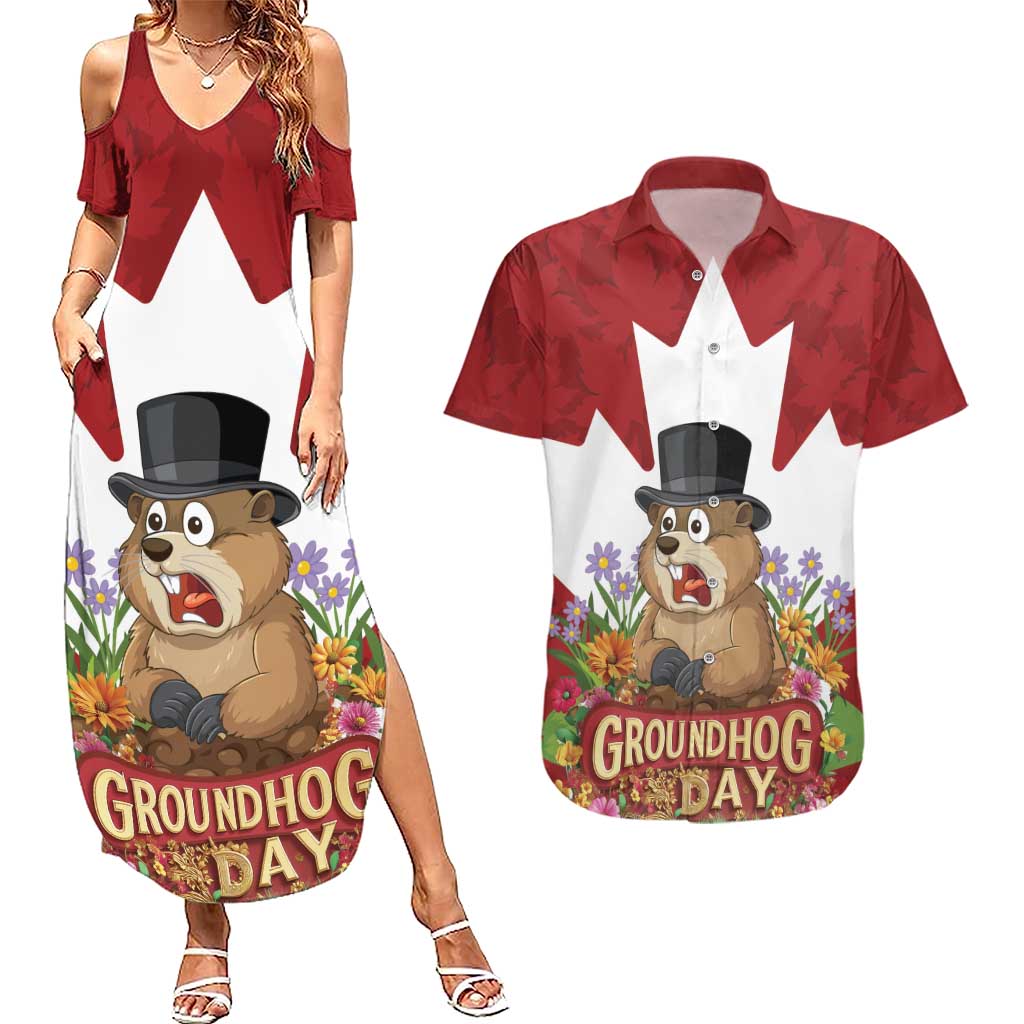 Funny Groundhog Day Couples Matching Summer Maxi Dress and Hawaiian Shirt Canadian Maple Leaf - Wonder Print Shop