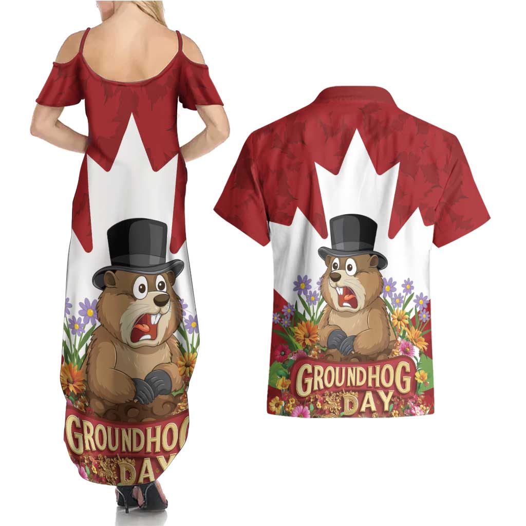 Funny Groundhog Day Couples Matching Summer Maxi Dress and Hawaiian Shirt Canadian Maple Leaf - Wonder Print Shop