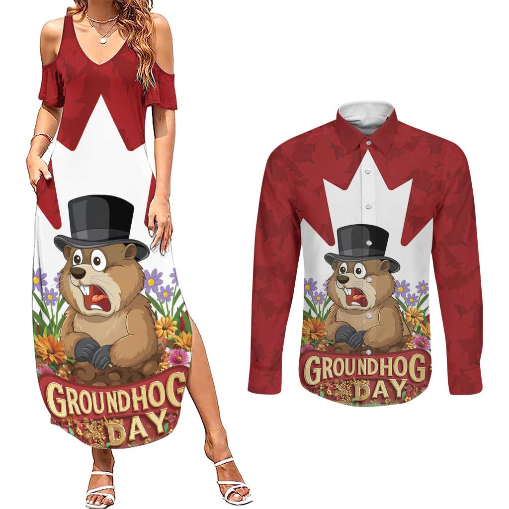 Funny Groundhog Day Couples Matching Summer Maxi Dress and Long Sleeve Button Shirt Canadian Maple Leaf - Wonder Print Shop