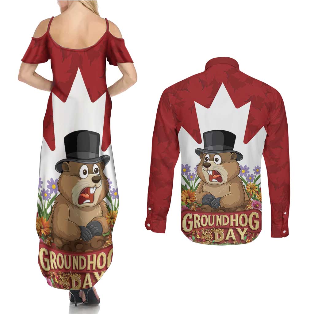 Funny Groundhog Day Couples Matching Summer Maxi Dress and Long Sleeve Button Shirt Canadian Maple Leaf - Wonder Print Shop