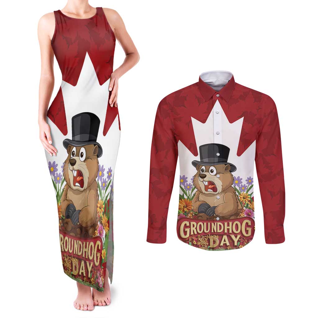 Funny Groundhog Day Couples Matching Tank Maxi Dress and Long Sleeve Button Shirt Canadian Maple Leaf - Wonder Print Shop