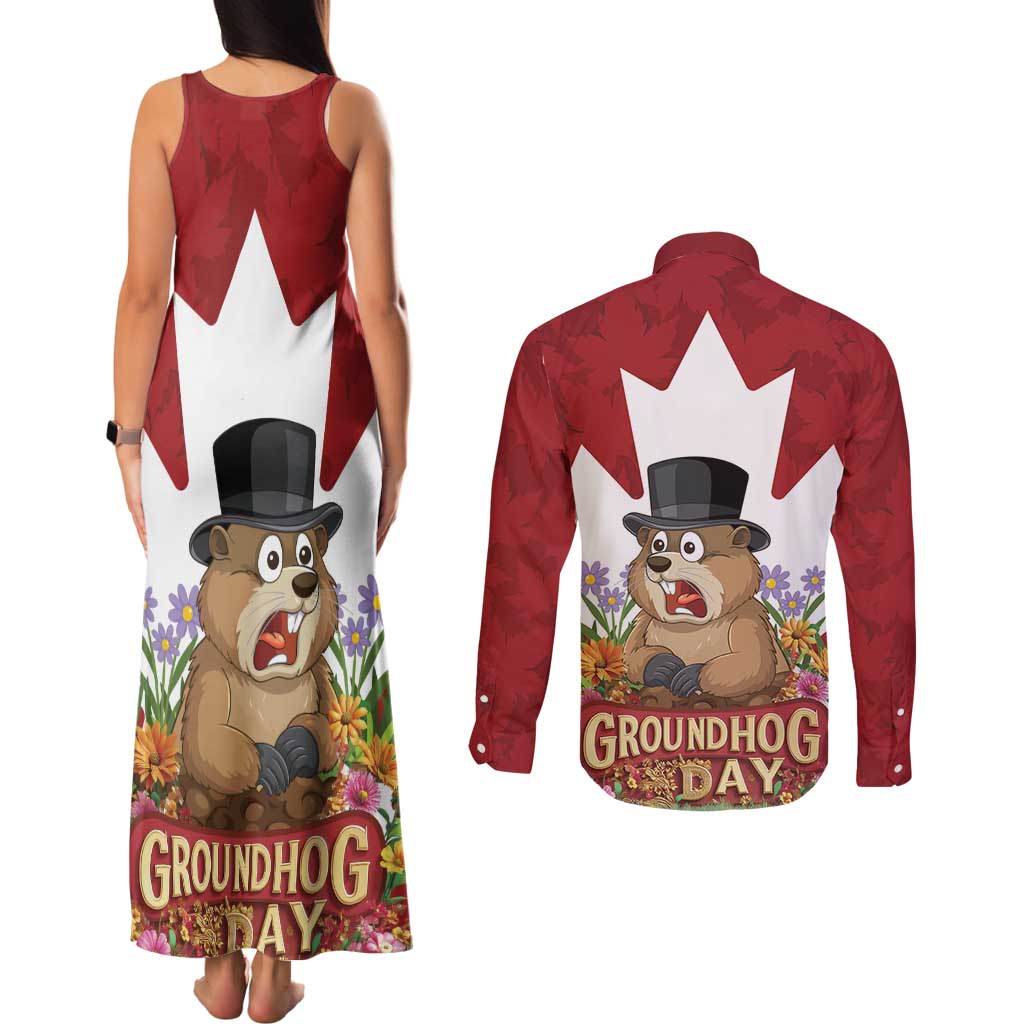 Funny Groundhog Day Couples Matching Tank Maxi Dress and Long Sleeve Button Shirt Canadian Maple Leaf - Wonder Print Shop