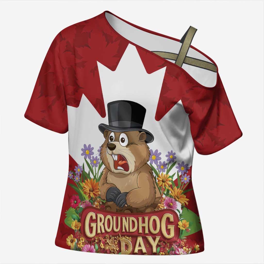 Funny Groundhog Day Cross Shoulder Shirt Canadian Maple Leaf - Wonder Print Shop