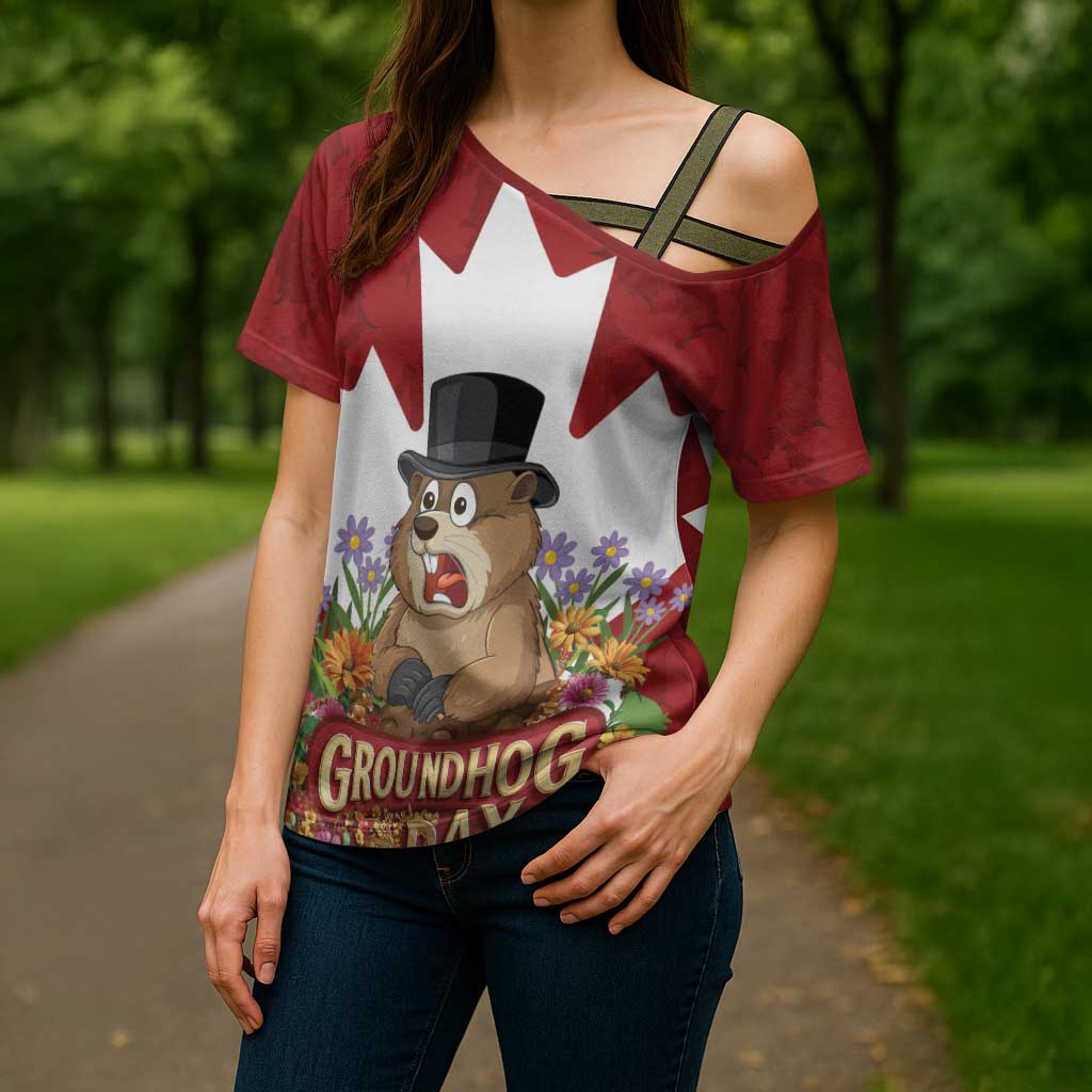 Funny Groundhog Day Cross Shoulder Shirt Canadian Maple Leaf - Wonder Print Shop
