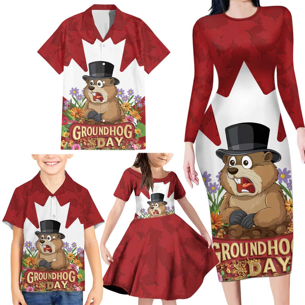 Funny Groundhog Day Family Matching Long Sleeve Bodycon Dress and Hawaiian Shirt Canadian Maple Leaf - Wonder Print Shop