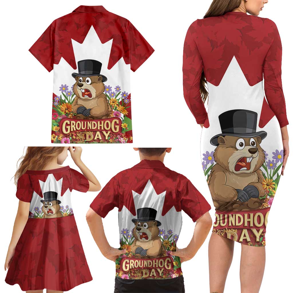 Funny Groundhog Day Family Matching Long Sleeve Bodycon Dress and Hawaiian Shirt Canadian Maple Leaf - Wonder Print Shop
