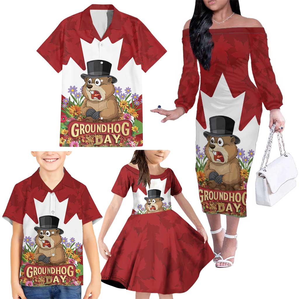 Funny Groundhog Day Family Matching Off The Shoulder Long Sleeve Dress and Hawaiian Shirt Canadian Maple Leaf - Wonder Print Shop