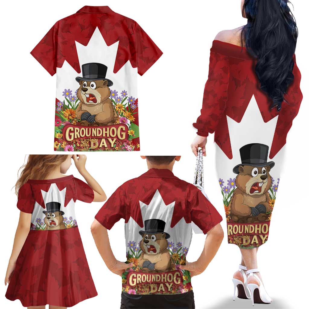 Funny Groundhog Day Family Matching Off The Shoulder Long Sleeve Dress and Hawaiian Shirt Canadian Maple Leaf - Wonder Print Shop