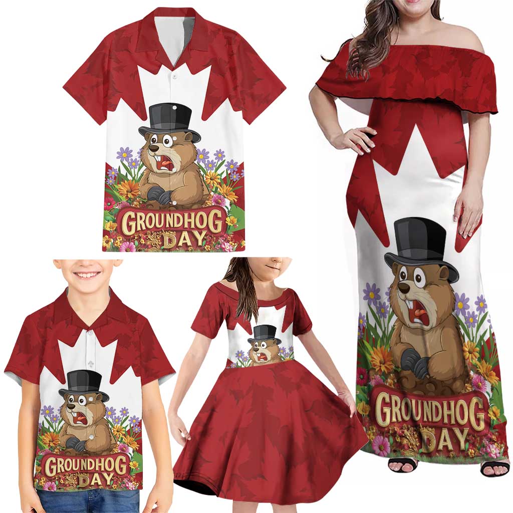 Funny Groundhog Day Family Matching Off Shoulder Maxi Dress and Hawaiian Shirt Canadian Maple Leaf - Wonder Print Shop