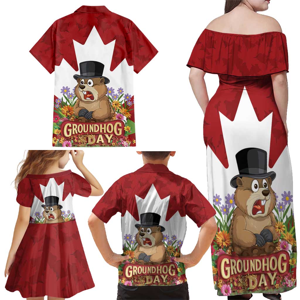 Funny Groundhog Day Family Matching Off Shoulder Maxi Dress and Hawaiian Shirt Canadian Maple Leaf - Wonder Print Shop