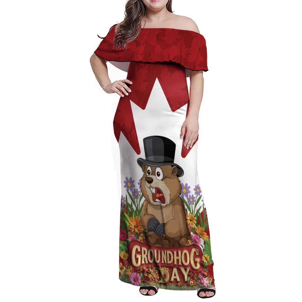 Funny Groundhog Day Family Matching Off Shoulder Maxi Dress and Hawaiian Shirt Canadian Maple Leaf - Wonder Print Shop