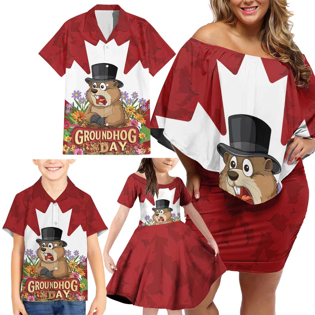 Funny Groundhog Day Family Matching Off Shoulder Short Dress and Hawaiian Shirt Canadian Maple Leaf - Wonder Print Shop