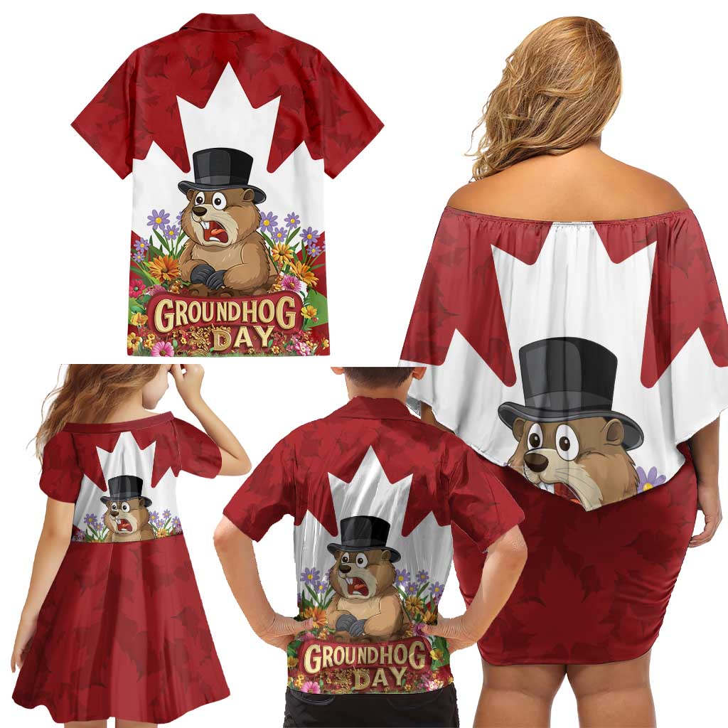 Funny Groundhog Day Family Matching Off Shoulder Short Dress and Hawaiian Shirt Canadian Maple Leaf - Wonder Print Shop
