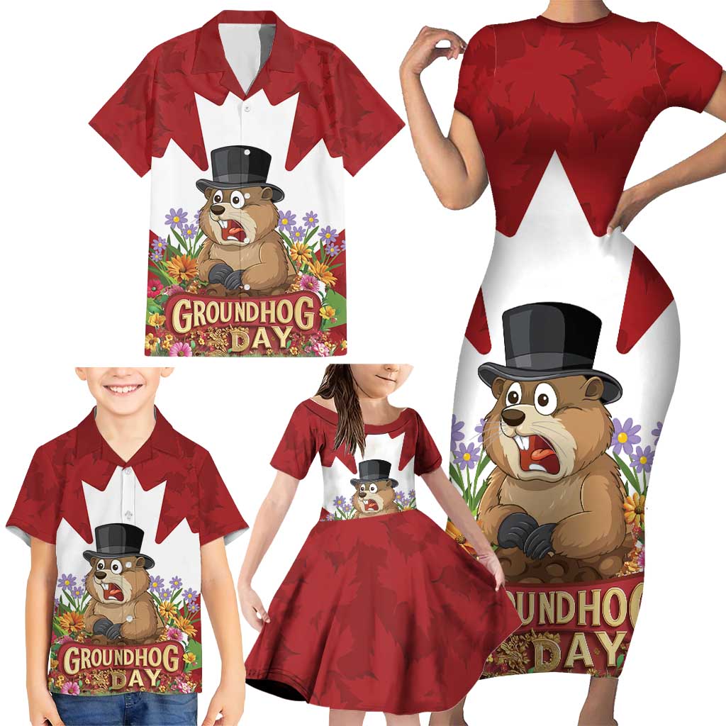 Funny Groundhog Day Family Matching Short Sleeve Bodycon Dress and Hawaiian Shirt Canadian Maple Leaf - Wonder Print Shop