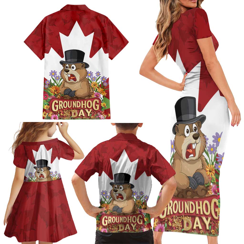 Funny Groundhog Day Family Matching Short Sleeve Bodycon Dress and Hawaiian Shirt Canadian Maple Leaf - Wonder Print Shop