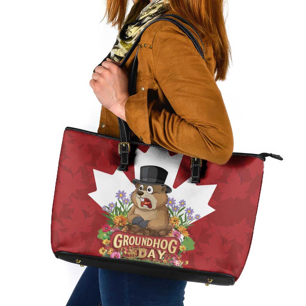 Funny Groundhog Day Leather Tote Bag Canadian Maple Leaf - Wonder Print Shop
