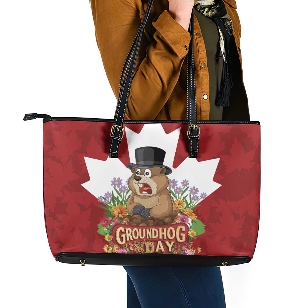 Funny Groundhog Day Leather Tote Bag Canadian Maple Leaf - Wonder Print Shop