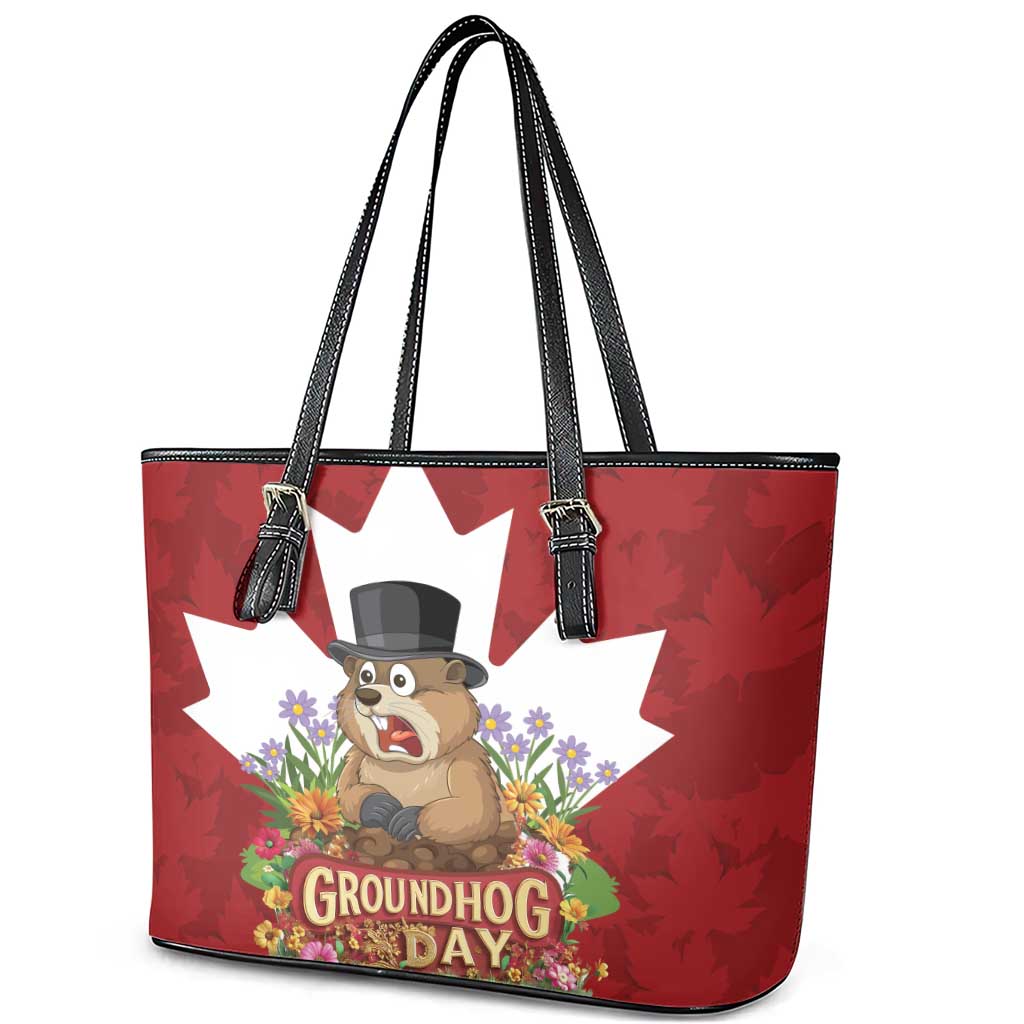 Funny Groundhog Day Leather Tote Bag Canadian Maple Leaf - Wonder Print Shop