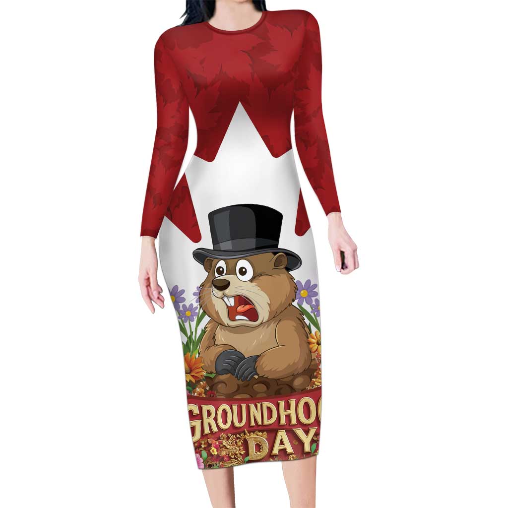 Funny Groundhog Day Long Sleeve Bodycon Dress Canadian Maple Leaf - Wonder Print Shop