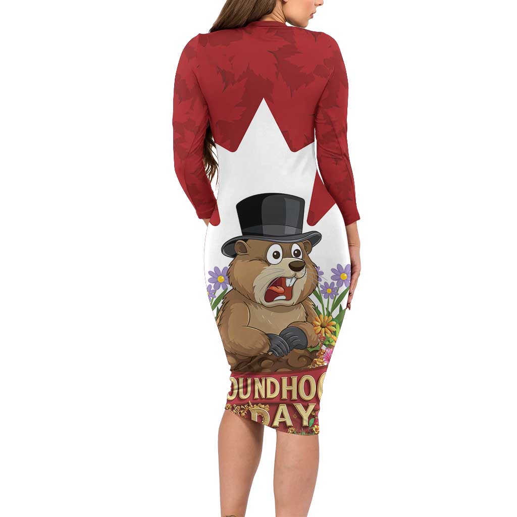 Funny Groundhog Day Long Sleeve Bodycon Dress Canadian Maple Leaf - Wonder Print Shop