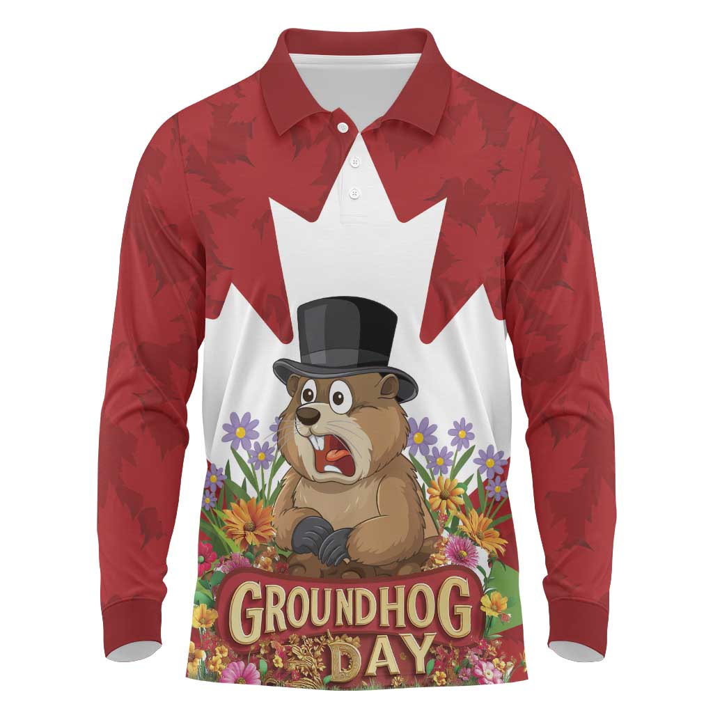 Funny Groundhog Day Long Sleeve Polo Shirt Canadian Maple Leaf - Wonder Print Shop