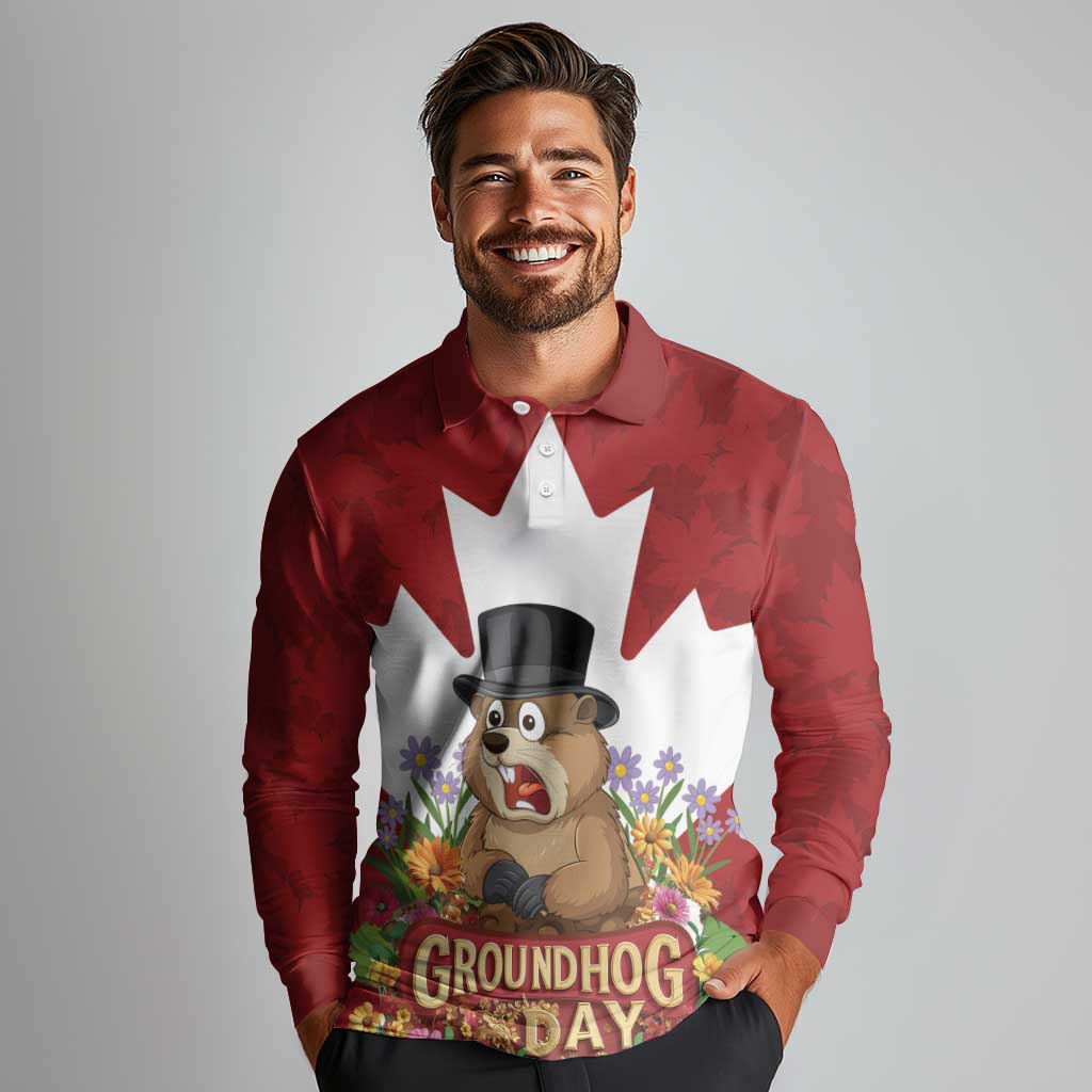 Funny Groundhog Day Long Sleeve Polo Shirt Canadian Maple Leaf - Wonder Print Shop