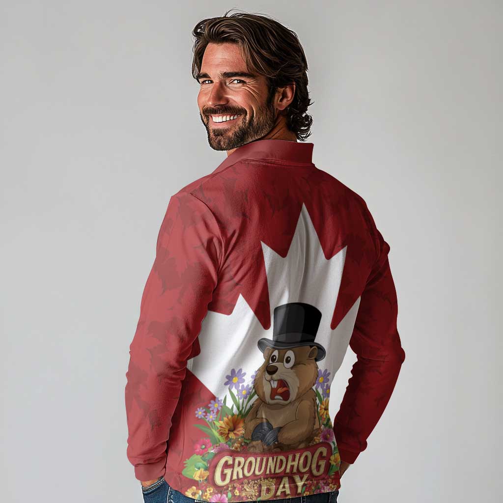 Funny Groundhog Day Long Sleeve Polo Shirt Canadian Maple Leaf - Wonder Print Shop