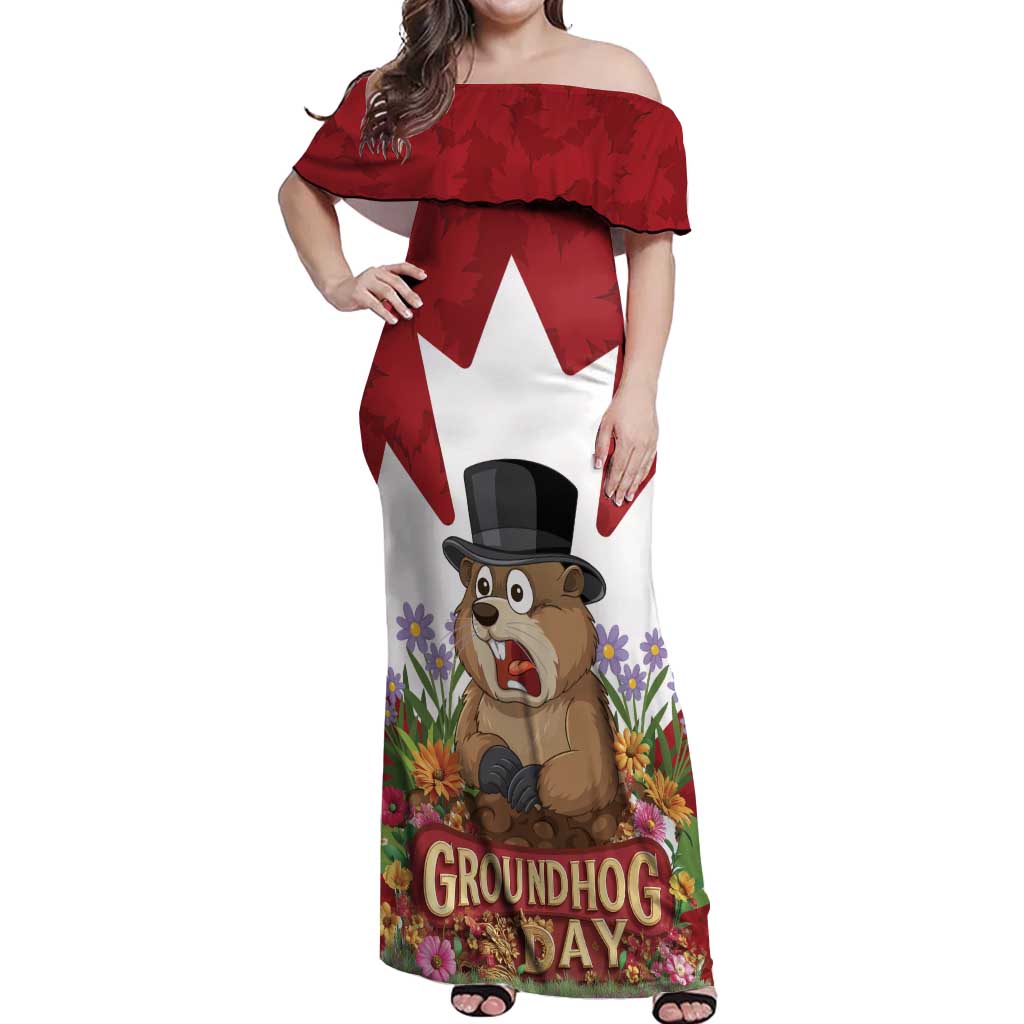 Funny Groundhog Day Off Shoulder Maxi Dress Canadian Maple Leaf - Wonder Print Shop
