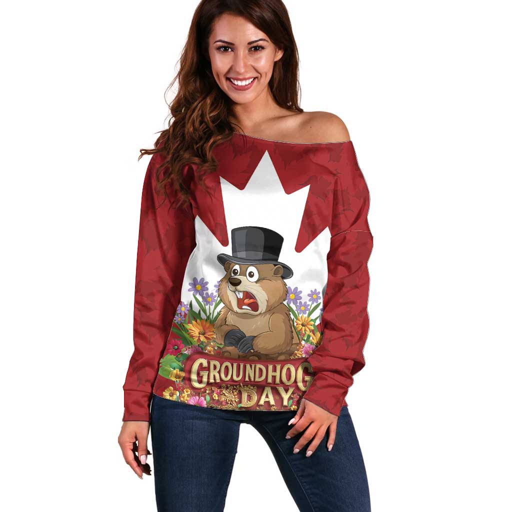 Funny Groundhog Day Off Shoulder Sweater Canadian Maple Leaf - Wonder Print Shop