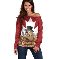 Funny Groundhog Day Off Shoulder Sweater Canadian Maple Leaf - Wonder Print Shop