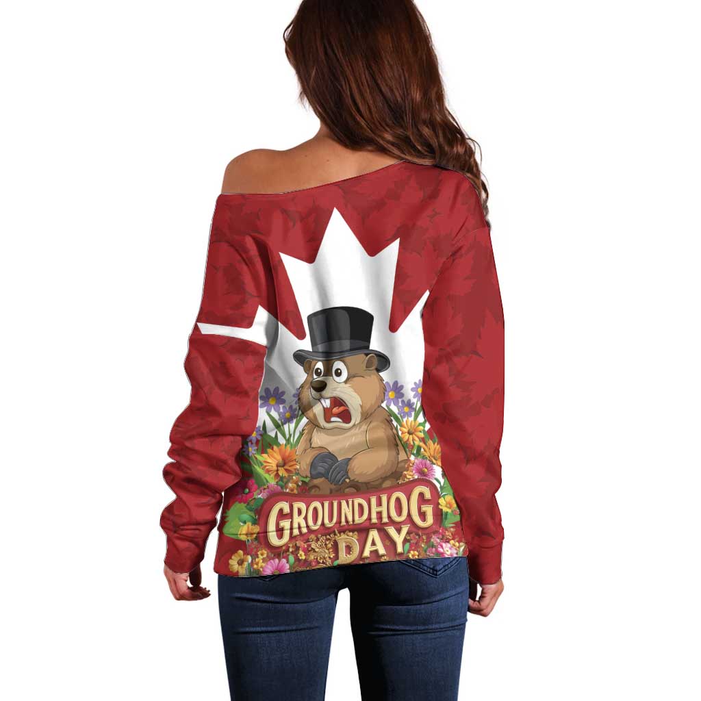 Funny Groundhog Day Off Shoulder Sweater Canadian Maple Leaf - Wonder Print Shop
