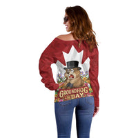 Funny Groundhog Day Off Shoulder Sweater Canadian Maple Leaf - Wonder Print Shop