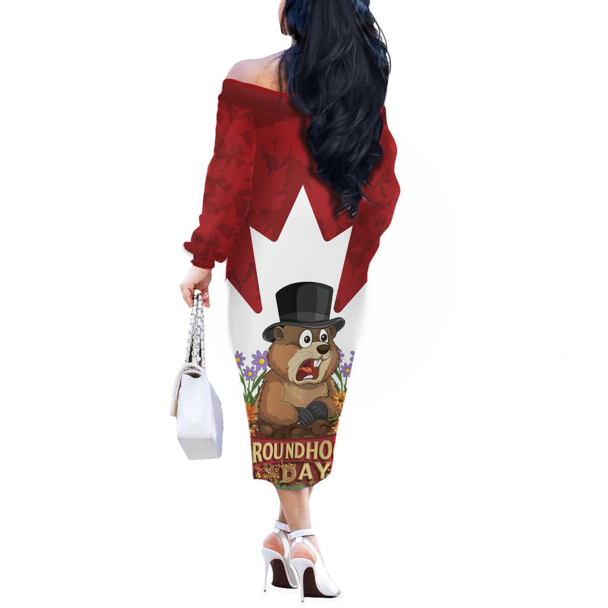 Funny Groundhog Day Off The Shoulder Long Sleeve Dress Canadian Maple Leaf - Wonder Print Shop