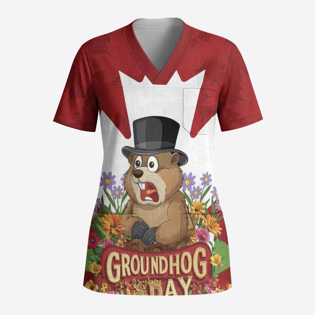 Funny Groundhog Day Scrub Top Canadian Maple Leaf - Wonder Print Shop
