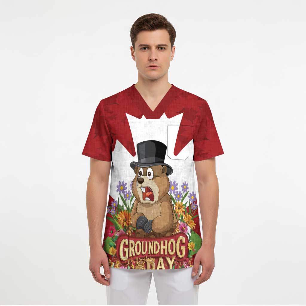 Funny Groundhog Day Scrub Top Canadian Maple Leaf - Wonder Print Shop