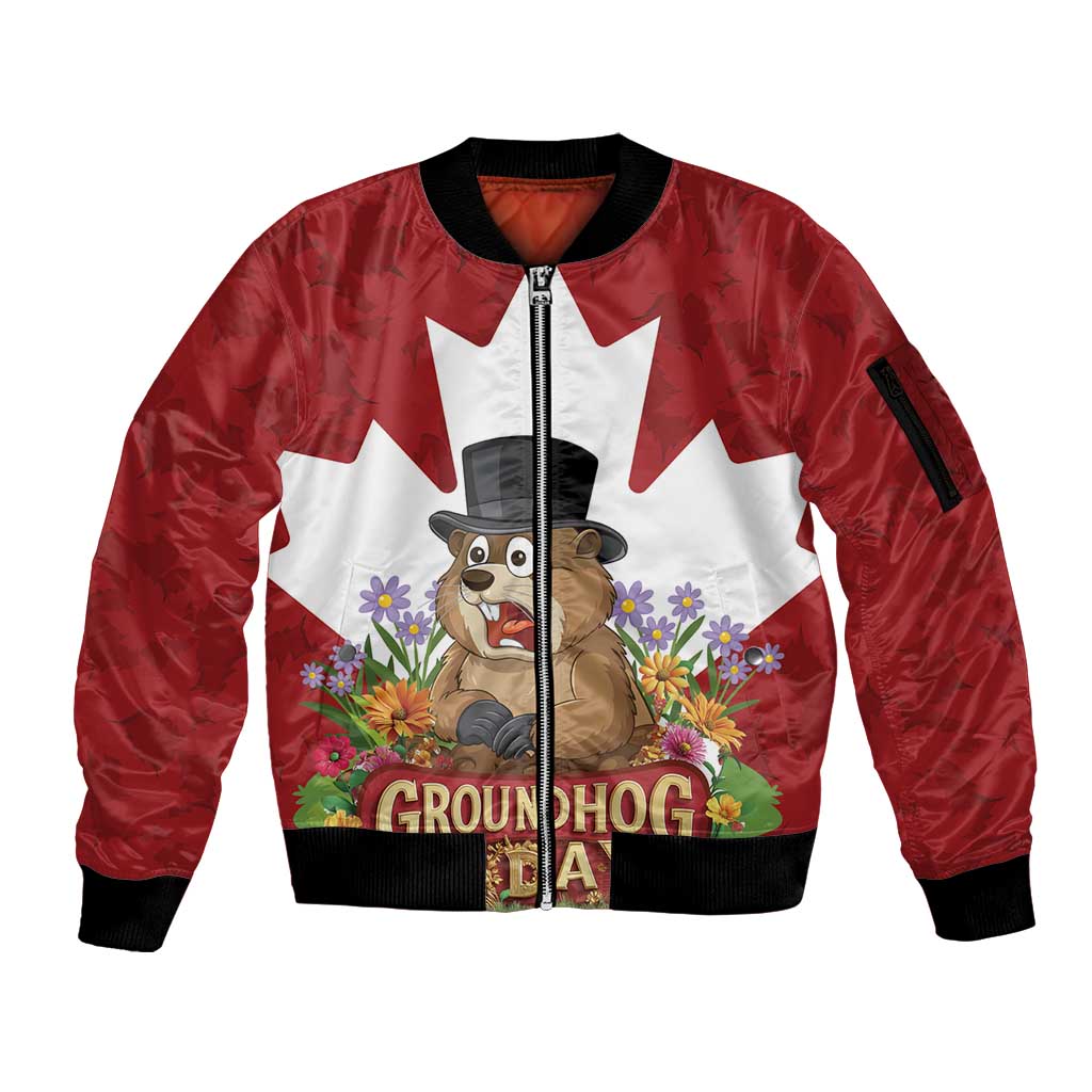 Funny Groundhog Day Sleeve Zip Bomber Jacket Canadian Maple Leaf - Wonder Print Shop