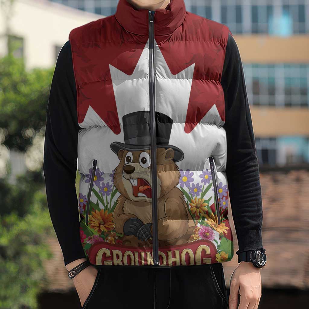 Funny Groundhog Day Sleeveless Puffer Jacket Canadian Maple Leaf - Wonder Print Shop