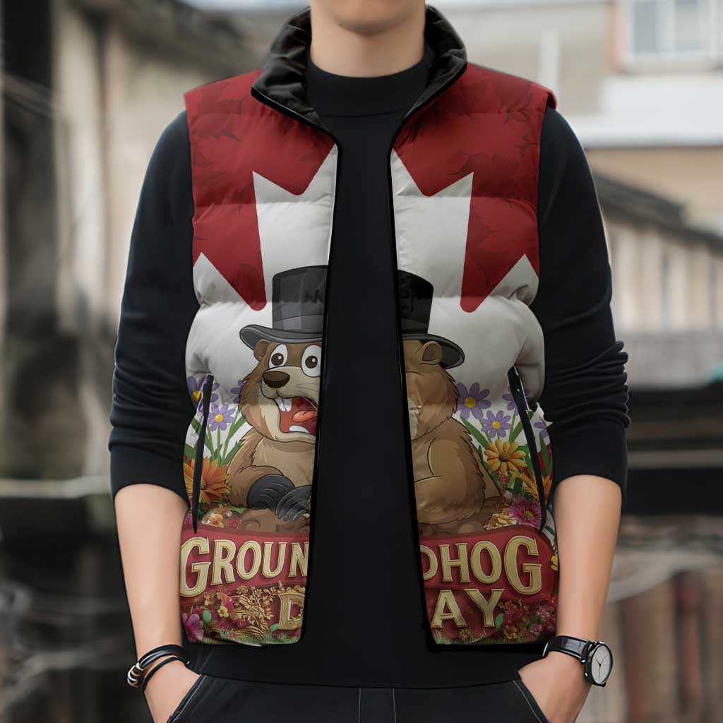 Funny Groundhog Day Sleeveless Puffer Jacket Canadian Maple Leaf - Wonder Print Shop