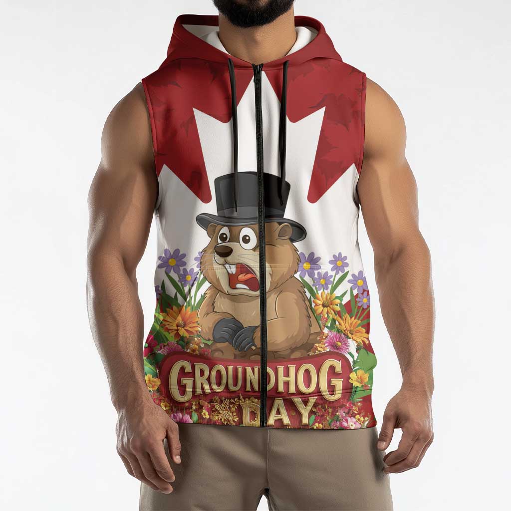 Funny Groundhog Day Sleeveless Zip Hoodie Canadian Maple Leaf - Wonder Print Shop