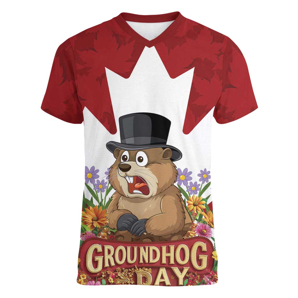 Funny Groundhog Day Women V-Neck T-Shirt Canadian Maple Leaf - Wonder Print Shop