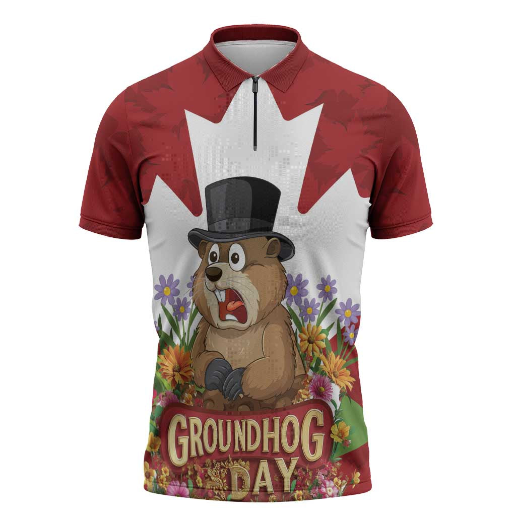 Funny Groundhog Day Zipper Polo Shirt Canadian Maple Leaf - Wonder Print Shop