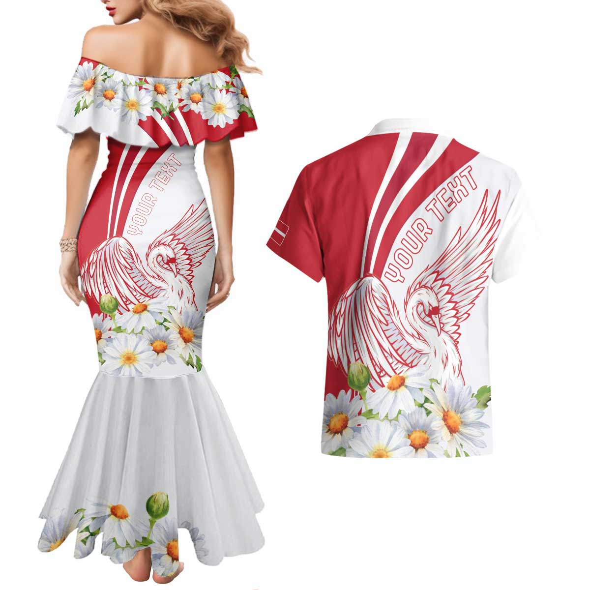 Personalized Denmark Couples Matching Mermaid Dress and Hawaiian Shirt Mute Swan With Marguerite Daisy