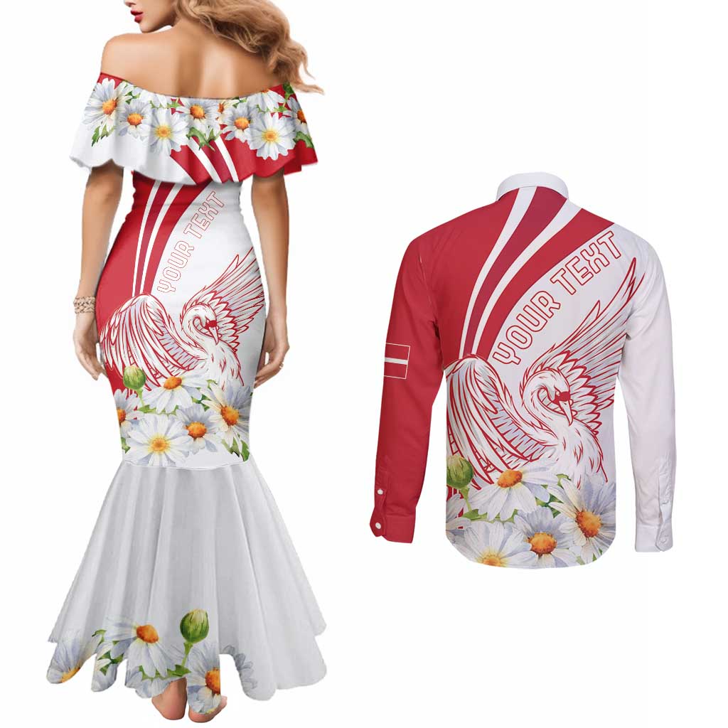 Personalized Denmark Couples Matching Mermaid Dress and Long Sleeve Button Shirt Mute Swan With Marguerite Daisy