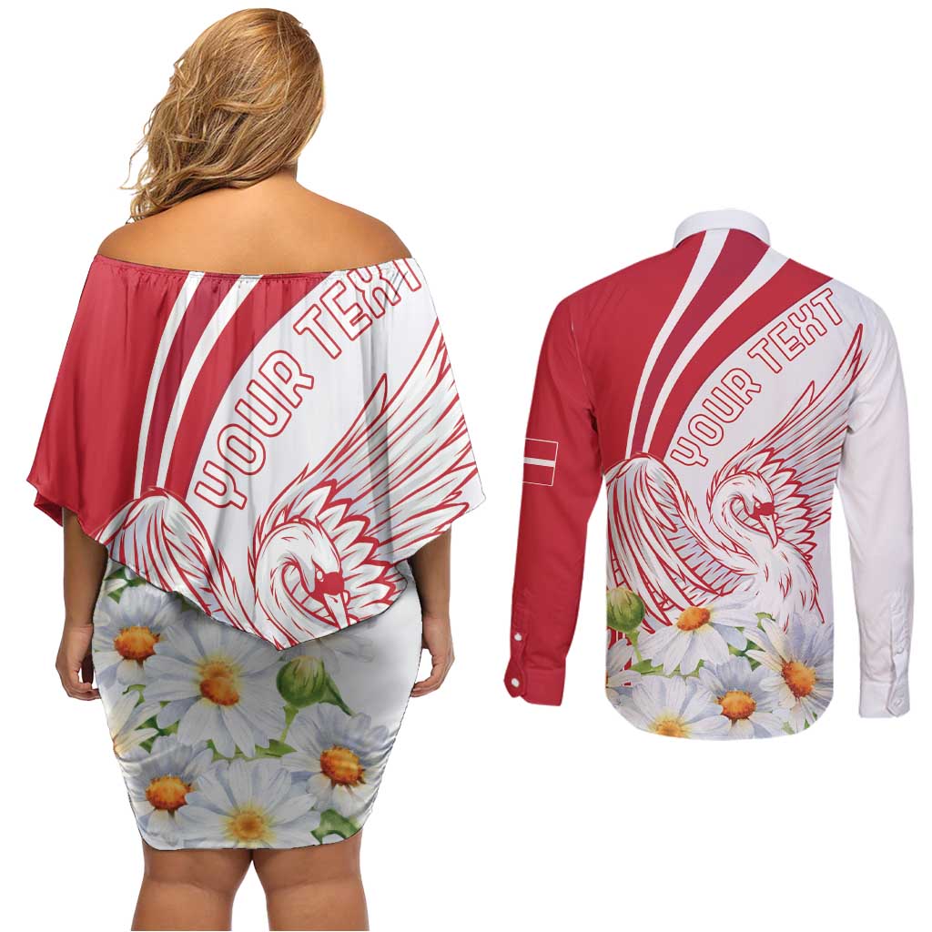 Personalized Denmark Couples Matching Off Shoulder Short Dress and Long Sleeve Button Shirt Mute Swan With Marguerite Daisy