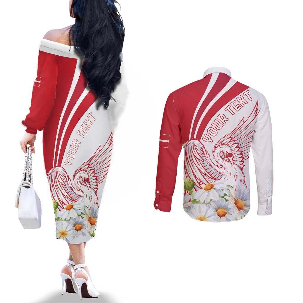 Personalized Denmark Couples Matching Off The Shoulder Long Sleeve Dress and Long Sleeve Button Shirt Mute Swan With Marguerite Daisy
