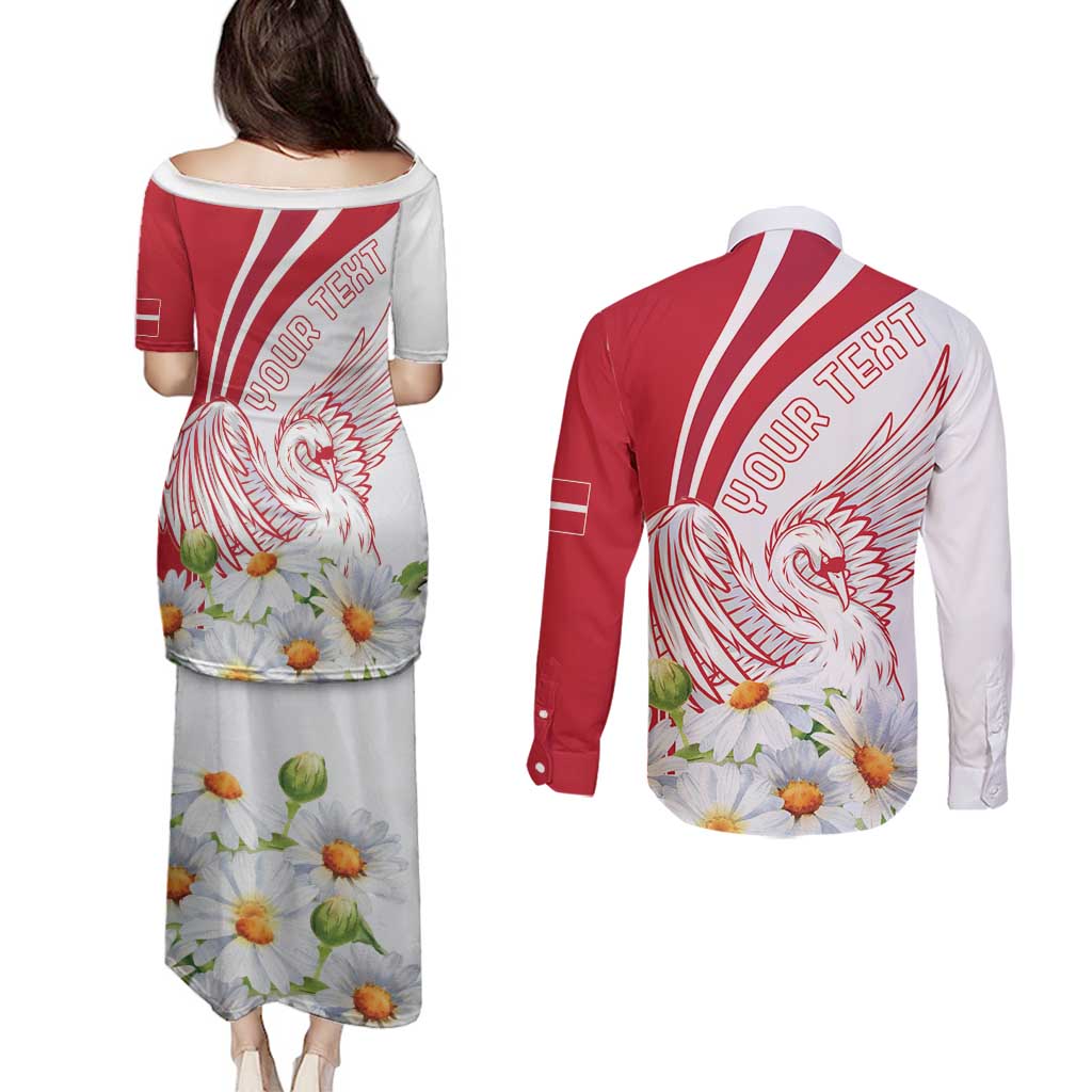 Personalized Denmark Couples Matching Puletasi and Long Sleeve Button Shirt Mute Swan With Marguerite Daisy