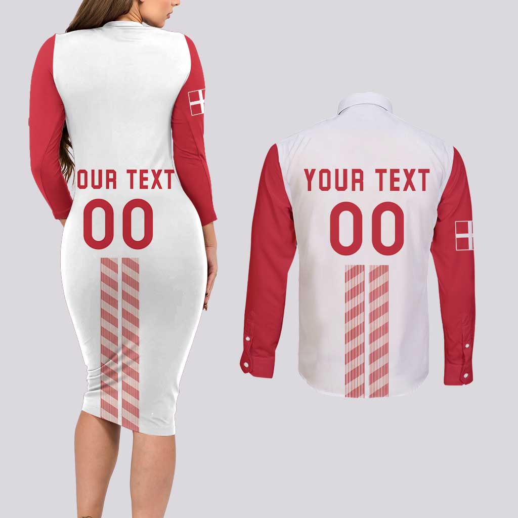 Custom Denmark Football Couples Matching Long Sleeve Bodycon Dress and Long Sleeve Button Shirt Danish Dynamite White Version