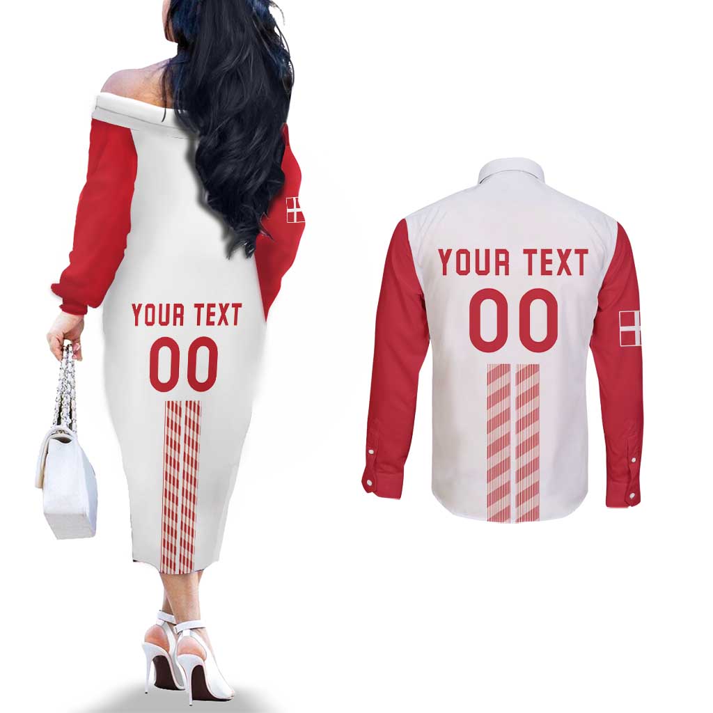 Custom Denmark Football Couples Matching Off The Shoulder Long Sleeve Dress and Long Sleeve Button Shirt Danish Dynamite White Version