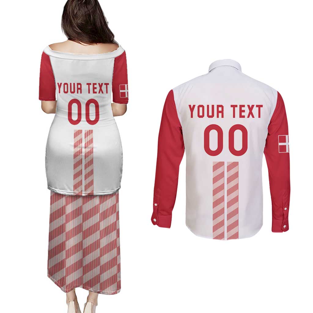 Custom Denmark Football Couples Matching Puletasi and Long Sleeve Button Shirt Danish Dynamite White Version
